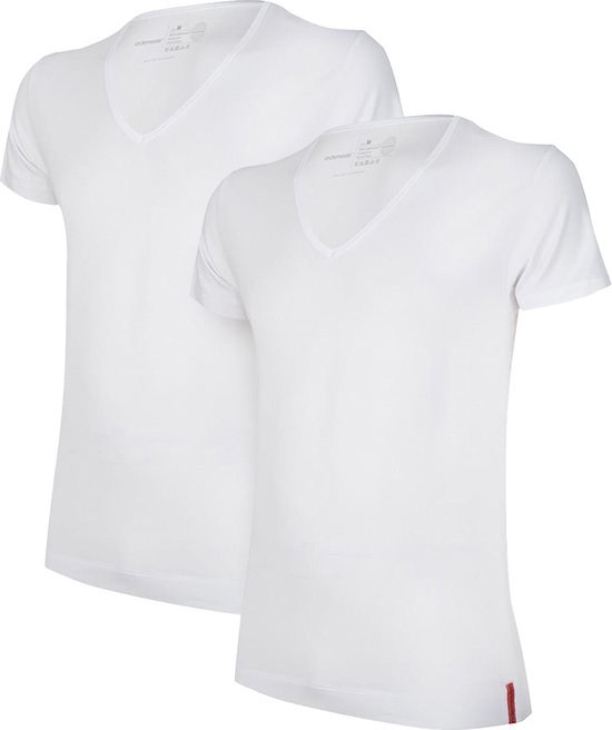 Undiemeister - T-shirt - T-shirt heren - Slim fit - Korte mouwen - Gemaakt van Mellowood - Diepe V-Hals - Chalk White (wit) - 2-pack - XS