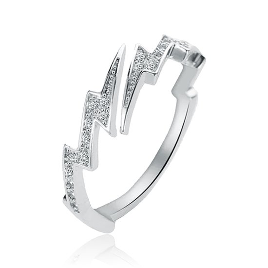 Verstelbare Koperen Ring met Zilveren Coating - Bliksemvorm met Zirkonia Steentjes