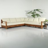 Salon d'angle 5 places en acacia Lahon, canapé d'angle massif blanc