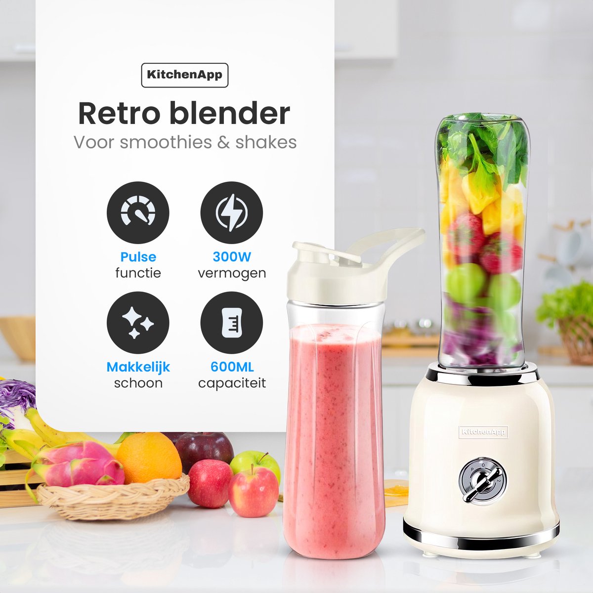 KitchenApp Retro blender to go - Smoothie maker - Inclusief 2 bekers – foto 2