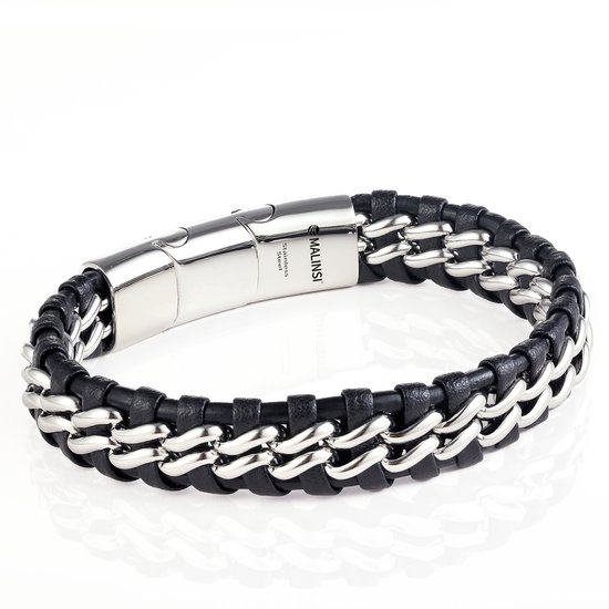 Zwart gevlochten leren armband met dubbele zilverkleurige schakelketting en MALINSI RVS sluiting.