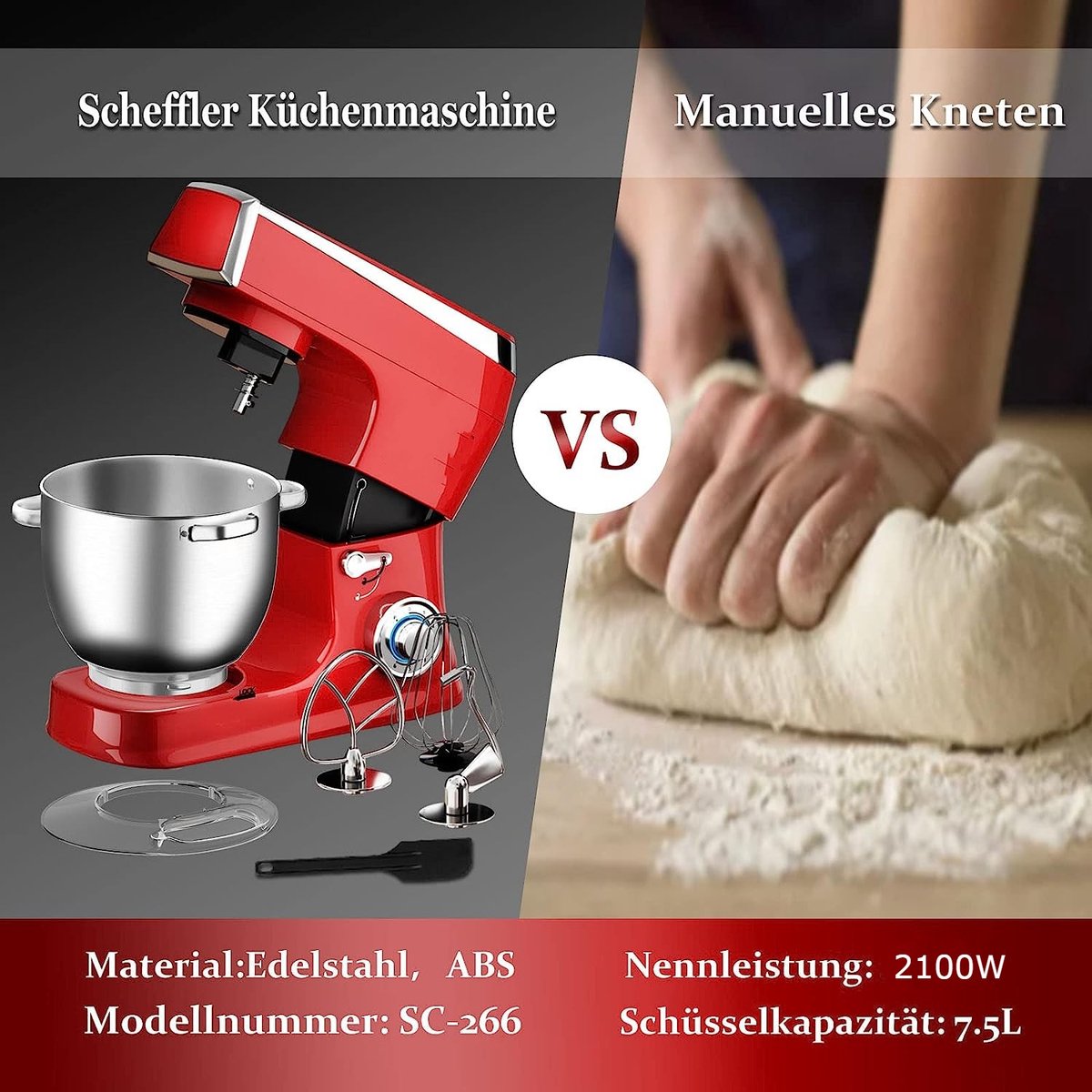 Royalty Line Keukenmachine - Keukenrobot - 2100W - Foodprocessor met 7 Snelheidsstanden + LED, incl. Garde / Kneedhaak / Mengarm en Blender, Met Spatscherm & RVS Mengkom Van 7.5 Liter - Rood — afbeelding 7