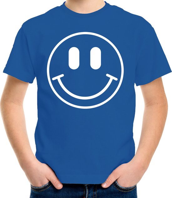 Bellatio Decorations Verkleed shirt jongens - smiley - blauw - carnaval - feestkleding voor kinderen 158/164