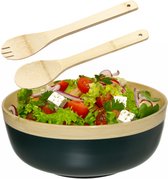 Secret de Gourmet Saladier/bol avec couverts à salade - Bois de Bamboe - D30 cm - bleu pétrole