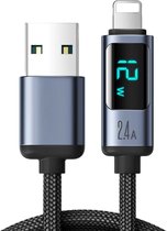 USB A naar Lightning Kabel met LED Display - 1.2 Meter - Gevlochten Nylon - Geschikt voor iPhone 14 13 12 11 Pro Max Xr Xs X 8 Oplader - Oplaadkabel - Phreeze Origineel