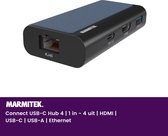 Marmitek Connect USB C Hub 4 - USB C HUB - 1 in 4 uit - 1 ingang 4 uitgangen - HDMI 2.0 - USB 3.2 - 1000 Mbps Ethernet - USB-A
