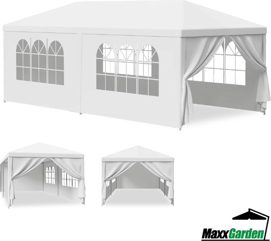 MaxxGarden Partytent - Feesttent 3x6m - Paviljoen - 300 x 600 x 250 cm - 31mm buisdikte - Incl. zijwanden - Wit