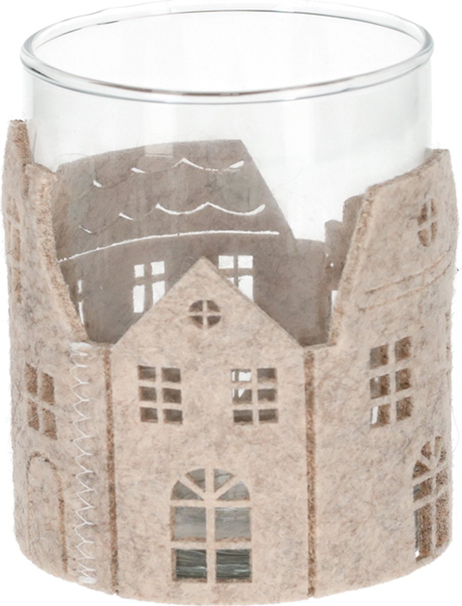 JENS Living Vilten theelichthouder - Grachtenpand - Beige