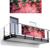 Balkonscherm 300x130 cm - Balkonposter Roze - Bloemen - Rozen - Bladeren - Balkon scherm decoratie - Balkonschermen - Balkondoek zonnescherm