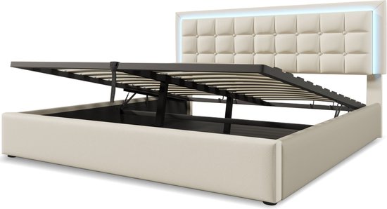 Merax Kunstleer Gestoffeerd Bed 140x200 cm - Hydraulisch Tweepersoonsbed met LED Verlichting en Opbergruimte - Wit