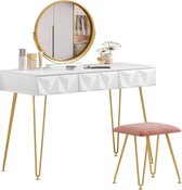 kaptafel met kruk en spiegel, 360 graden draaibaar, make-up-spiegel, kaptafel met 3 laden, gevoerde fluwelen kruk, 3D-effect lade, wit en goud
