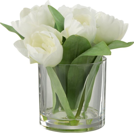 Tulipes J-Line dans un vase rond - plastique - verre - blanc - petit.