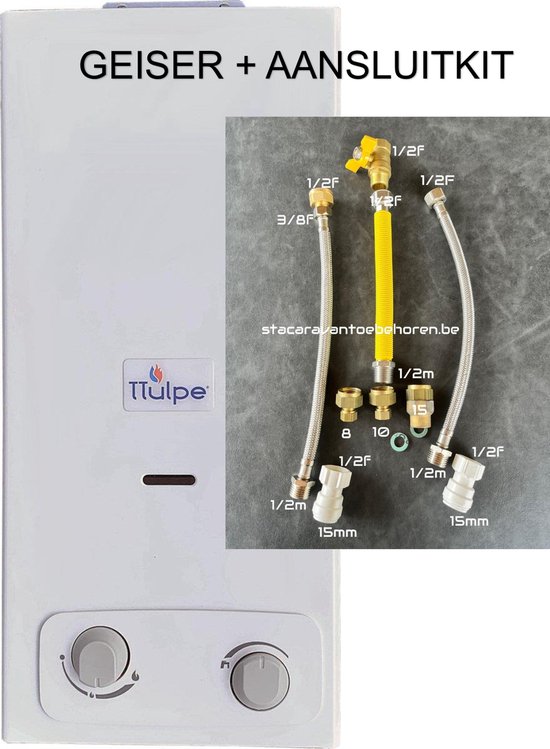 T-Tulpe 11Liter Propaan geiser 37mbar voor stacaravan met aansluitset