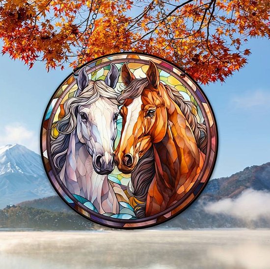 Raamhanger Raamdecoratie Twee Paarden - Kleurige Zonnevanger Rond Acryl met Ketting - Diieren - Suncatcher Rond model 15 cm %%