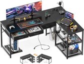 L-vormig bureau met laden, stopcontacten en beweegbare CPU-standaard - 135 x 100 cm zwart, voor thuiskantoor en gaming