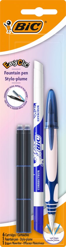 BIC Easy Clic Ergonomische Vulpen - Roze of Blauw- Rechts- of linkshandig - 1 vulpen met inktwisser en 6 inktpatronen