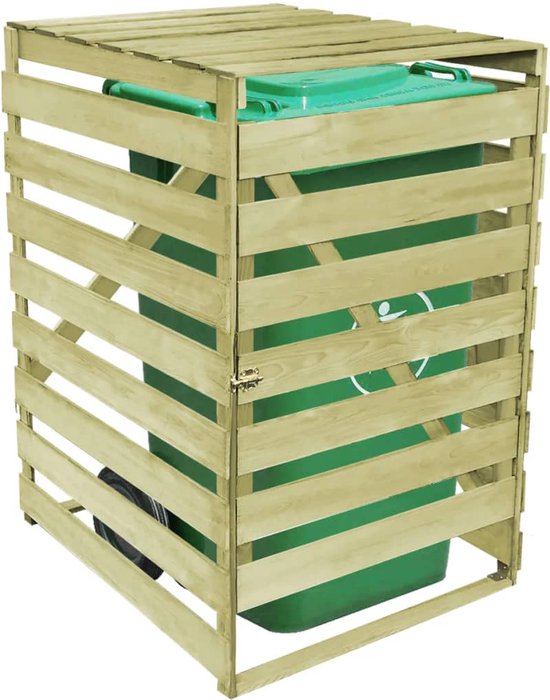 Boîtier de poubelle en bois avec poubelle verte à l'intérieur. Le boîtier a un toit en pente.
