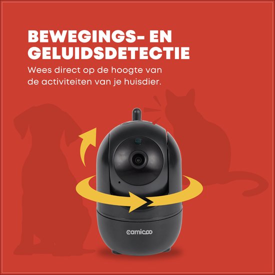 Camicoo® Beveiligingscamera binnen - Huisdiercamera met app - Hondencamera - Petcam - Incl. 32GB SD - Ultra HD 2K 3MP - Eenvoudige Installatie - Volgt beweging en geluidsdetectie - Alexa, Google Assistant en 5GHz compatibel - Indoor camera - Zwart