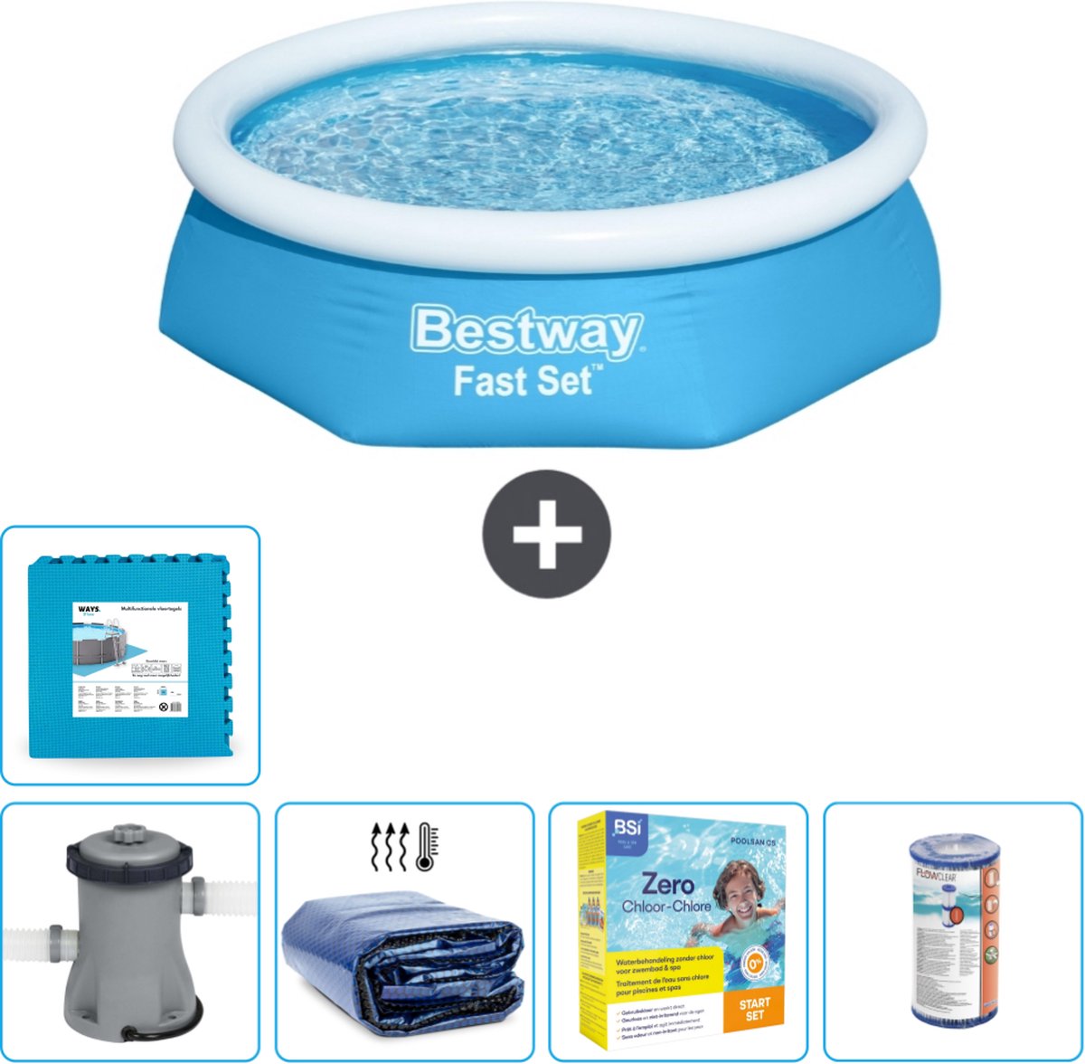 Bestway Rond Opblaasbaar Fast Set Zwembad - 244 x 61 cm - Blauw - Inclusief Pomp Solarzeil - Onderhoudspakket - Filter - Vloertegels