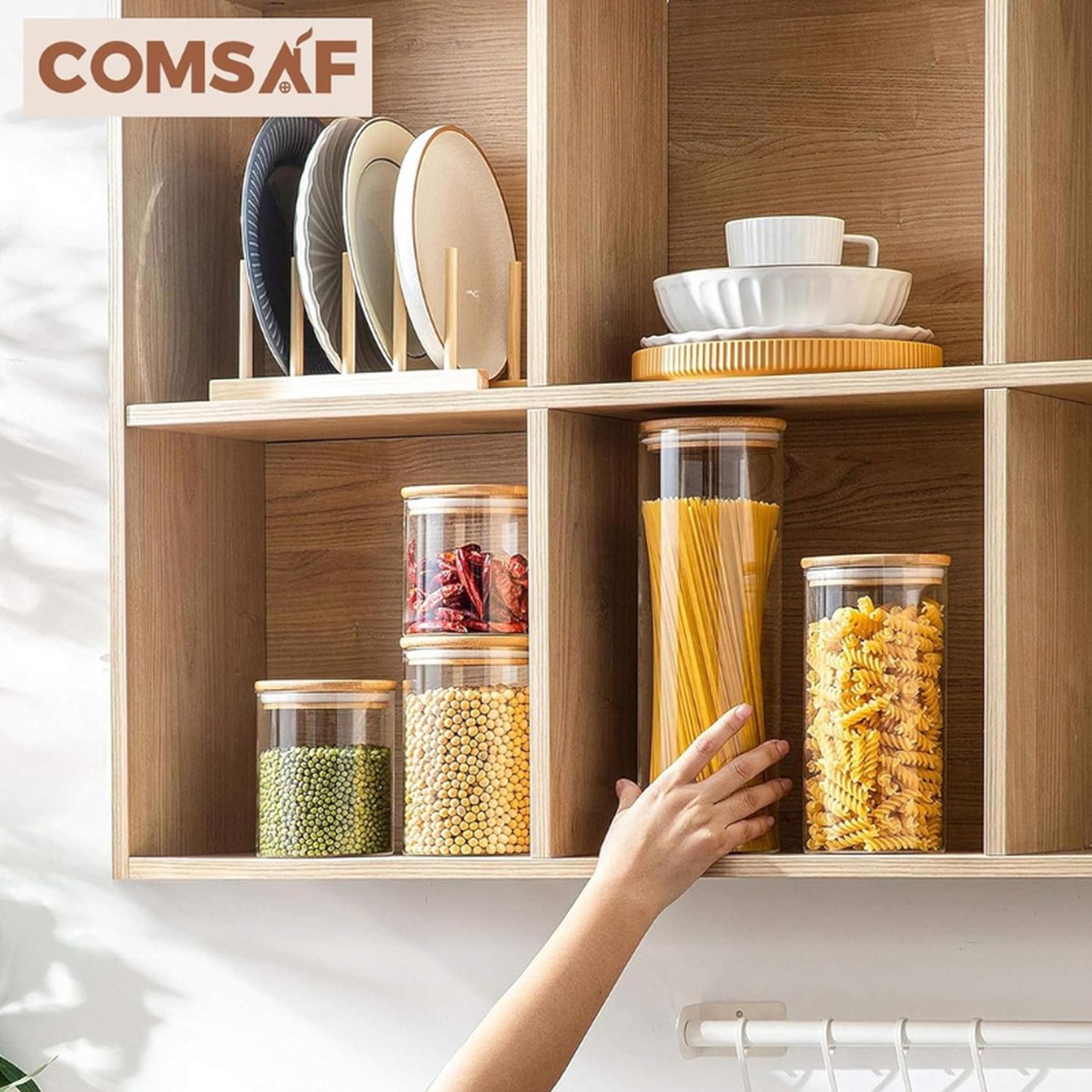 Voorraadpotten Glas met Deksel - Luchtdicht - Bambus deksel - Set van 3 Bewaar je voedsel, pasta en poeder op een stijlvolle en luchtdichte manier met deze glazen voorraadpotten. Met bamboe deksels en siliconen afdichtringen. — cadeau in Wonen & Interieur - foto 6