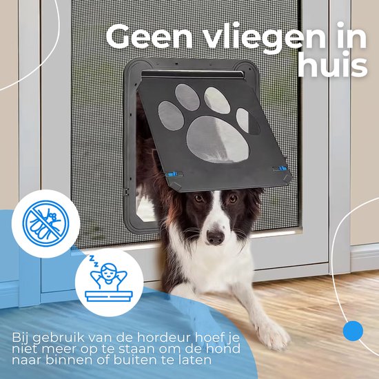 Border Collie met kop door zwart hondenluik in hordeur. "Geen vliegen in huis" pictogram.