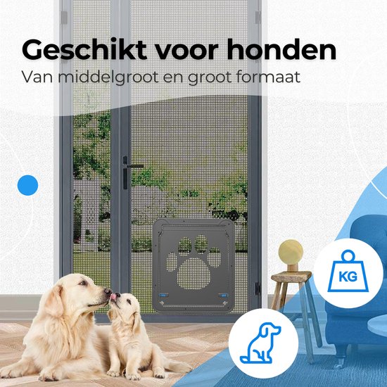 Hondenluik voor middelgrote en grote honden, met twee Golden Retrievers bij een gesloten hordeur.