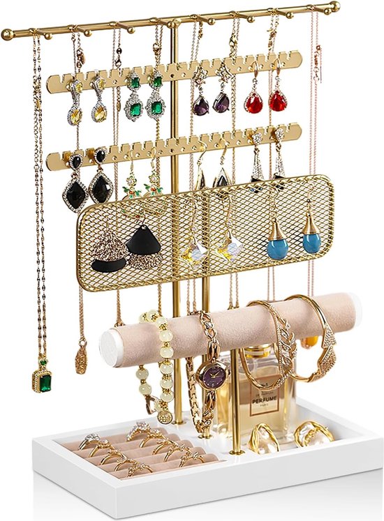 Qilicz Sieradenstandaard voor wandmontage, sieradenorganizer van hout, met stang voor armbanden, 21 haken, lade, opslag van sieraden Qilicz