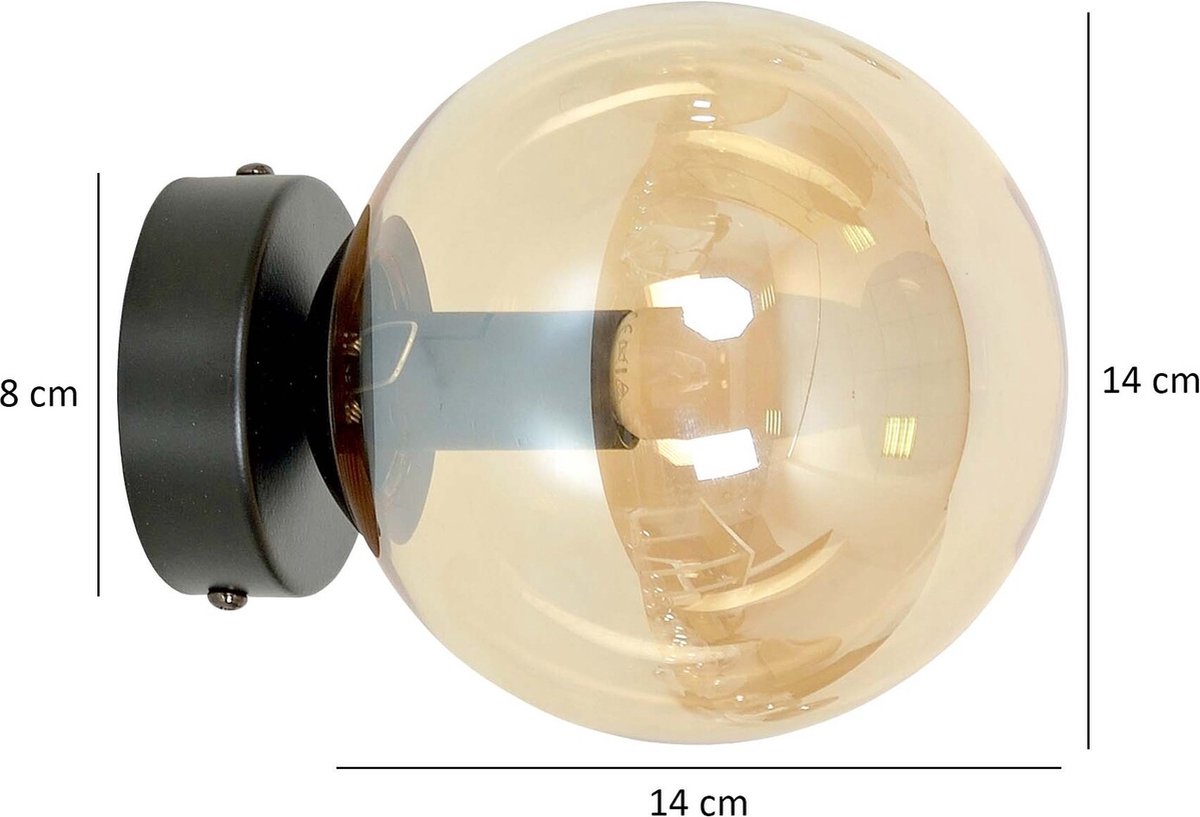 Emibig Stevns muurlamp met bol zwart in amber glas 1x E14 - Perfecte sfeerverlichting voor elke ruimte