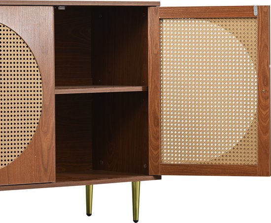 Sweiko Kast met 3 rotan decoratieve deuren, vijf emmerkast met metalen handvatten, geschikt voor slaapkamers, woonkamer, kantoren, walnoothout 129.8x40x76cm
