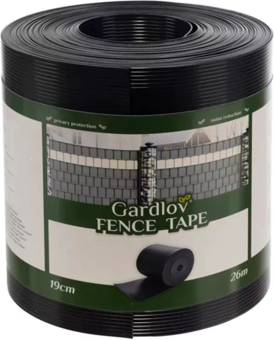 Rol donkergrijs vlechtbandhekwerk, 19 cm x 26 m, met 'Gardlov FENCE TAPE' label.