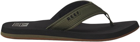 Zwarte slipper met olijfgroene band en Reef logo.