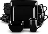 Porseleinen vierkante dinerset zwart, 16-delig servies voor 4 personen met dinerborden, dessertborden, kommen en mokken