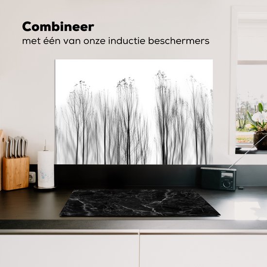 Spatscherm keuken 80x55 cm - Kookplaat achterwand Bomen - Zwart wit - Vogels - Natuur - Muurbeschermer - Spatwand fornuis - Hoogwaardig aluminium