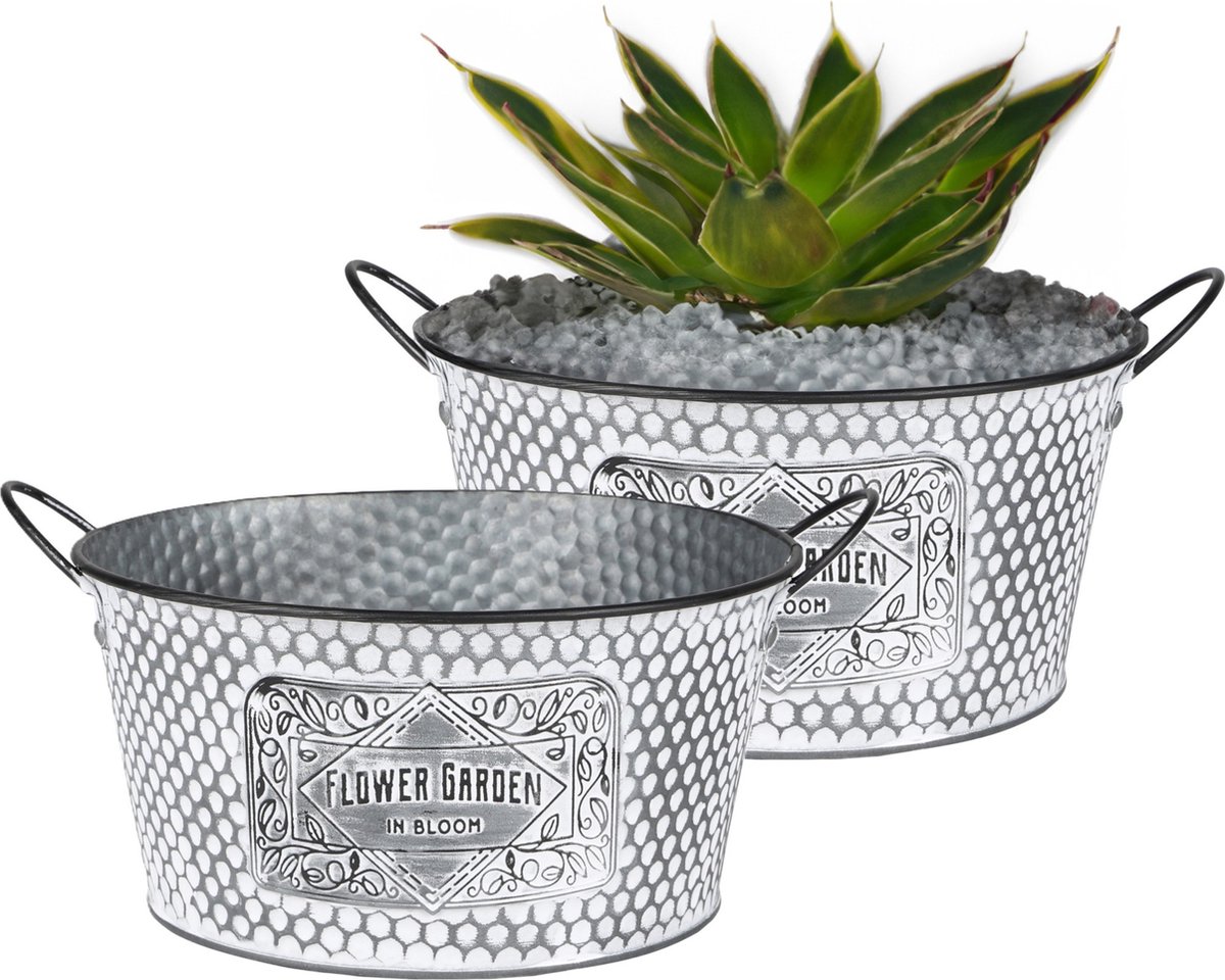Goedkoopste Sunnydays Teil/plantenpot/bloempot - 2x - zink - zilver - D25.5 x H12 cm
