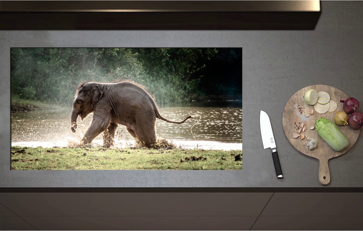 Inductieplaat Beschermer - Baby Olifant Spelend in Meer in Regenwoud - 95x51 cm - 2 mm Dik - Inductie Beschermer - Bescherming Inductiekookplaat - Kookplaat Beschermer van Wit Vinyl