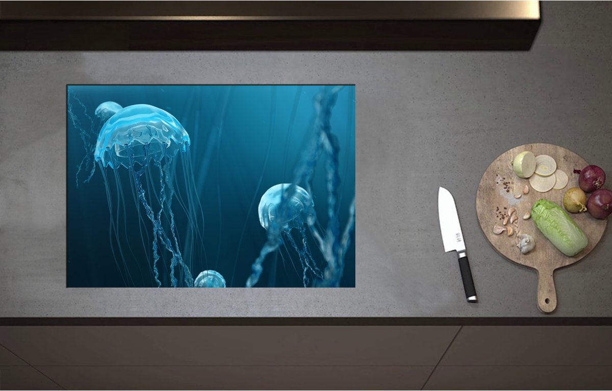 Inductieplaat Beschermer - Blauwe kwallen zwemmen door de zee heen - 71x50 cm - 2 mm Dik - Inductie Beschermer - Bescherming Inductiekookplaat - Kookplaat Beschermer van Zwart Vinyl