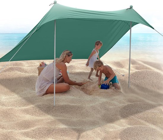 Foto: Strandtent 2 1 x 2 1 m strandschelp upf50 uv bescherming en waterdicht zonnezeil met aluminium stang zandschep haringen geschikt voor strandschaduw camping vissen tuingebruik