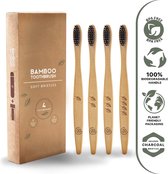 Houtskool Infused Bamboe Tandenborstels - 4 Stuks - Inclusief Reiskoker & Vlosdraad - Natuurvriendelijke Tandenborstels - Voor Witte Tanden - Biologisch Afbreekbaar - Duurzaam