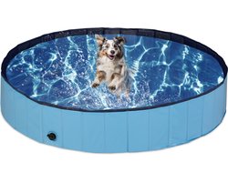 Opvouwbaar hondenzwembad 30x160 cm blauw PVC en MDF voor middelgrote honden met afvoerdop Hondenbad