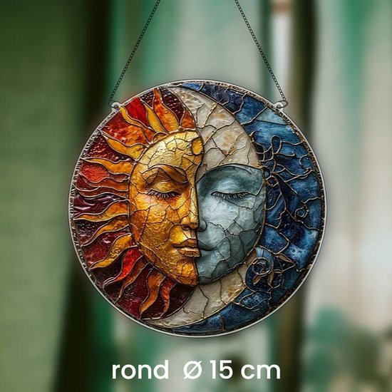 Allernieuwste.nl® Raamhanger Raamdecoratie Zon Ying Yang Boho - Kleurige Zonnevanger Rond Acryl met Ketting - Suncatcher Zon Rond model 15 cm %%