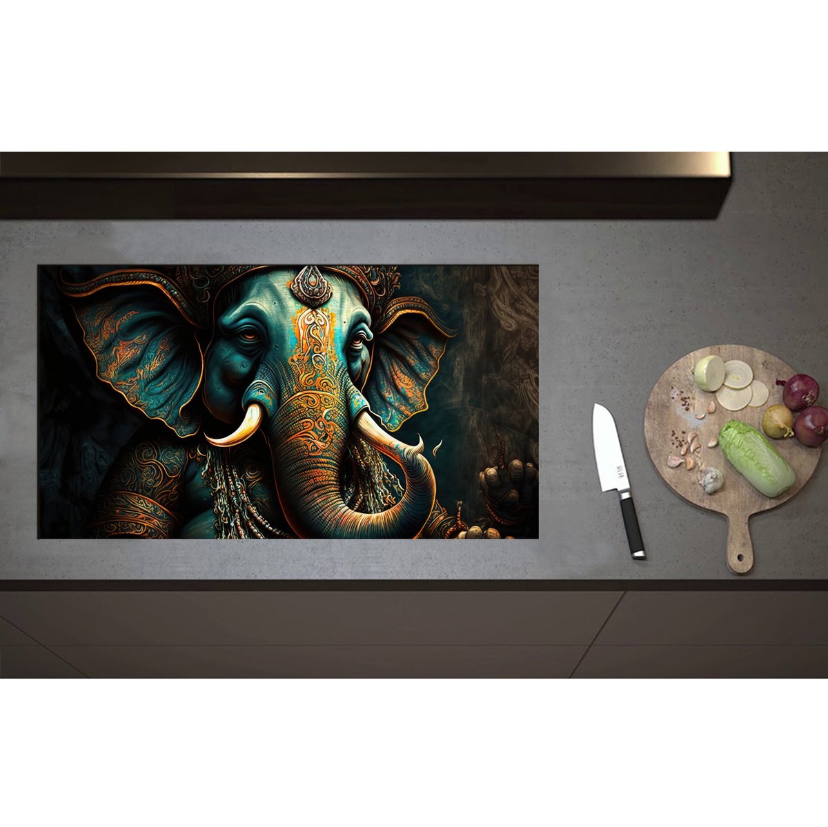 Inductieplaat Beschermer - Blauw Ganesha Beeld met Gouden Details - 90x50 cm - 2 mm Dik - Inductie Beschermer - Bescherming Inductiekookplaat - Kookplaat Beschermer van Zwart Vinyl