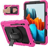 Housse de tablette compatible avec : Samsung Galaxy Tab S8 Plus / Tab S7 Plus / Tab S7 FE 12,4 pouces, résistante aux chocs avec protection d'écran intégrée. | Avec dragonne et bandoulière | Protection Extreme - Zwart avec bord rose