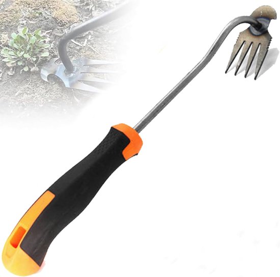Tuinieren handonkruidsteker, onkruidverwijderaar, onkruidverwijderaar met steel, voegenkrabber met steel, tuinhark, traditionele tuinhark, onkruidjager. — afbeelding 4
