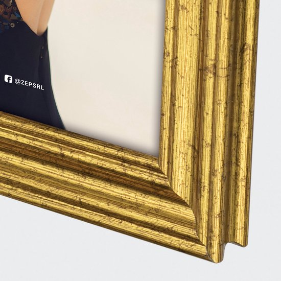 Gouden fotolijst met een vrouw in een zwarte jurk met opengewerkte rug en pailletten, met het ZEP-logo en een website.