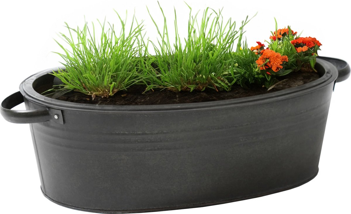 Goedkoopste Mega Collections Teil/plantenpot/bloempot Farmer - ovaal - zink - zwart - L29 x D21 X H12.5 cm
