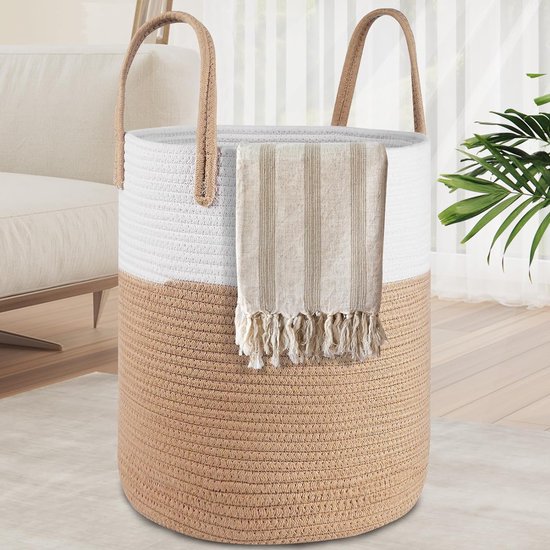 VORHOT 66L Wasmand van gevlochten katoen, wasverzamelaar met handvat, opbergmand voor dekens, speelgoed, mand, wasorganizer voor waskamer, kinderkamer, badkamer, 38 x 46 cm