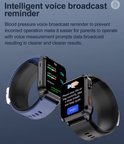 Twee smartwatches, één donkerblauw, één zwart, tonen bloeddrukmetingen van 116/74 mmHg en hartslag van 68 bpm.