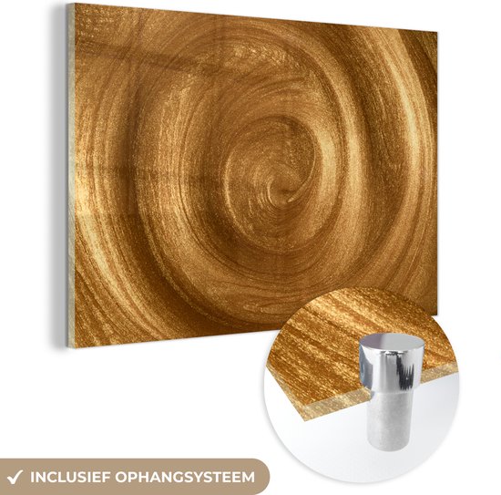 MuchoWow® Glasschilderij 90x60 cm - Schilderij acrylglas - Een vortex in goudkleurige verf - Foto op glas - Schilderijen
