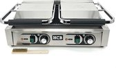 HCB® - Professionele Horeca Paninigrill - dubbel - geribbeld - 230V - RVS / INOX panini grill - Tosti apparaat - contact grill - 56.5x30.5x20 cm (BxDxH) - 20 kg