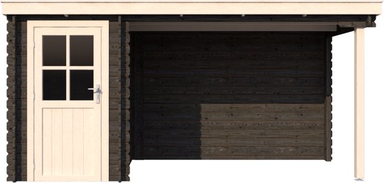 BlokhuttenOutlet.nl Blokhut met overkapping lessenaar dak 150 x 200 + 300cm in black wash met white wash